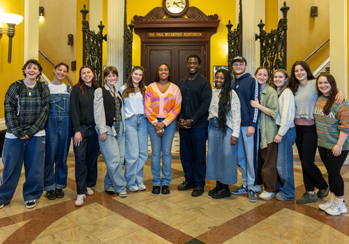 Kobna Holdbrook-Smith with 12 of the Acting students who attended his Q&A in front of Paul McCartney Auditorium